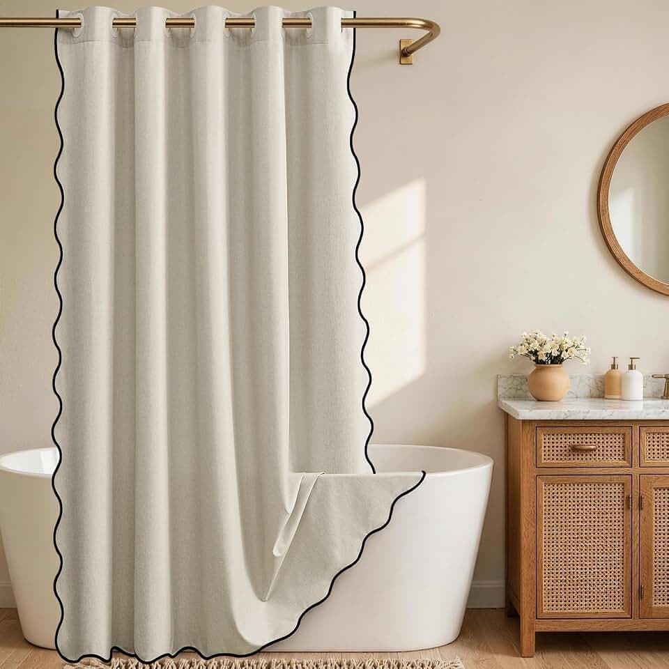 Furlinic Ivory Scalloped Shower Curtain Fabric Waterproof Farmhouse W78xH75