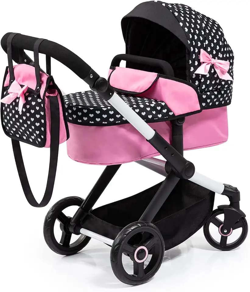 Bayer Pram Xeo Reborn Doll Stroller, Black & Pink Hearts Jogger for 20 Inch
