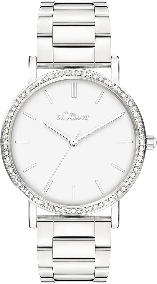 s.Oliver Damenuhr mit funklenden Steinen - 35 mm - sportlich-elegant - hoher analoge Armbanduhr mit Zirkoniasteinen und Quarzwerk - 3 ATM wasserdicht - Geschenkidee