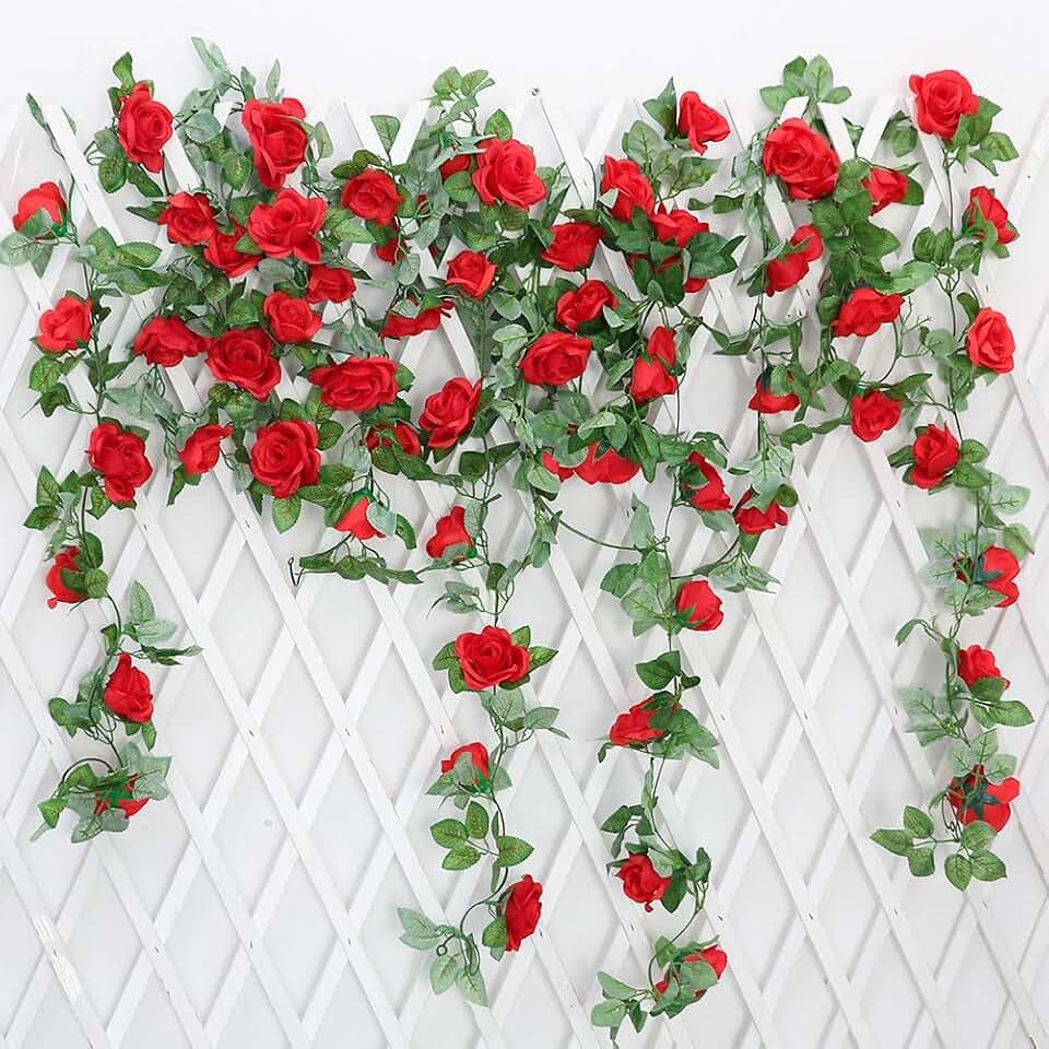 JUSTOYOU 2 Pack 7.2ft Künstliche Fake Rose Girlande Reben Hängende Seide Blumen für Outdoor Indoor Hochzeit Wand Badroom Dekoration (Rot)