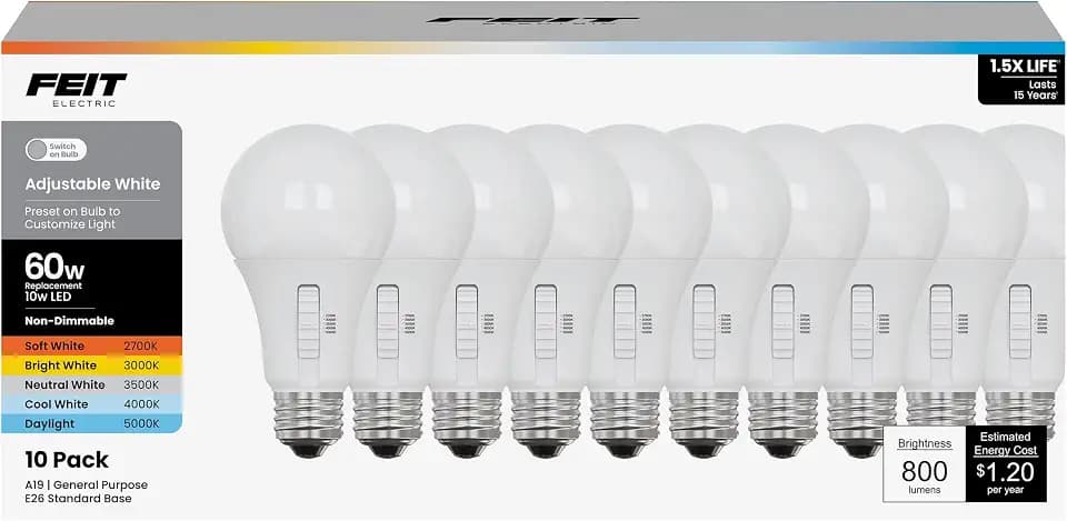 Feit Electric A19 LED Light Bulb, 60W EQ, 5CCT, Non-Dimmable, 10-Pack
