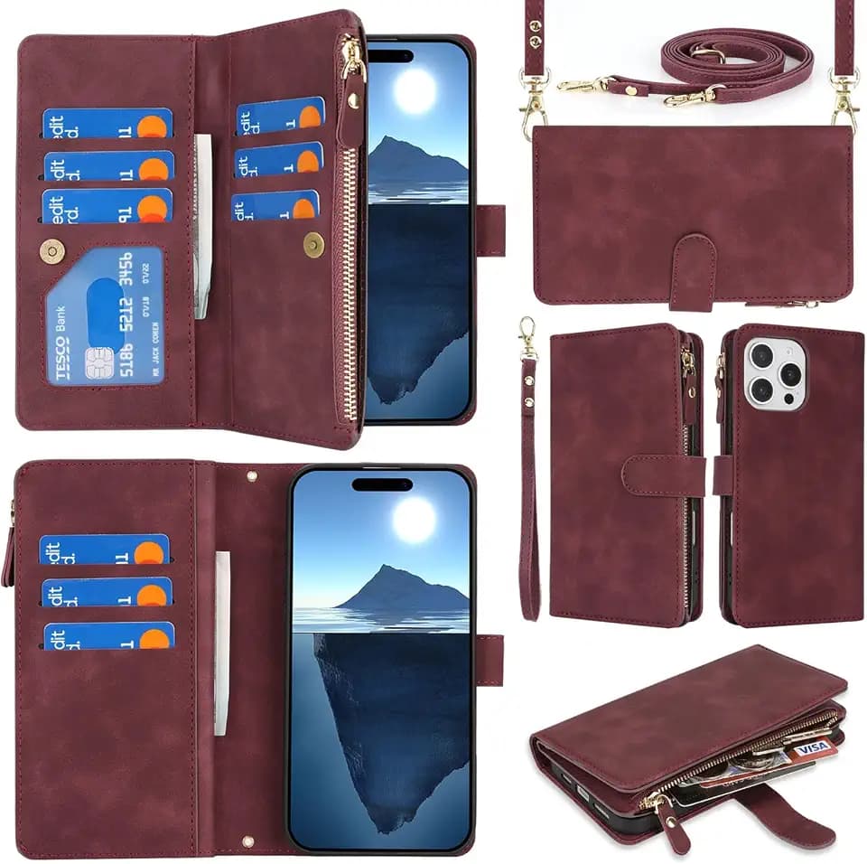 Crossbody Phone Wallet for iPhone 16 Pro Max Case with Strap,6.9",Burgundy