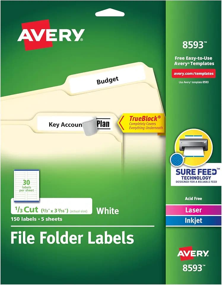 Avery File Folder Labels with TrueBlock Technology, Permanent Adhesive, 2/3" x 3-7/16", Laser/Inkjet, 4-Pack, 150 Labels Total (08593)
