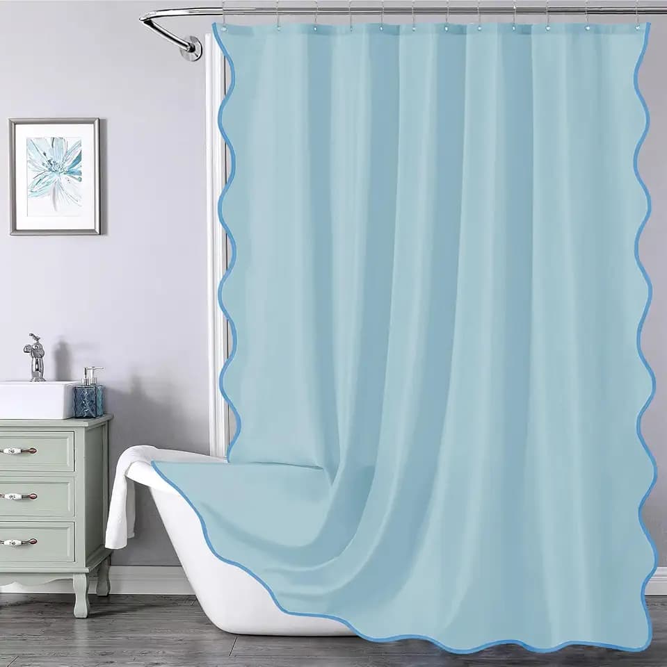 ORTIGIA Blue Scalloped Shower Curtain 72 W x 84 H Inch Extra Long, Light Blue Coastal Shower Curtains Modern Cute Preppy Aesthetic Waterproof Fabric Bath Bathroom Decor with Metal Hook