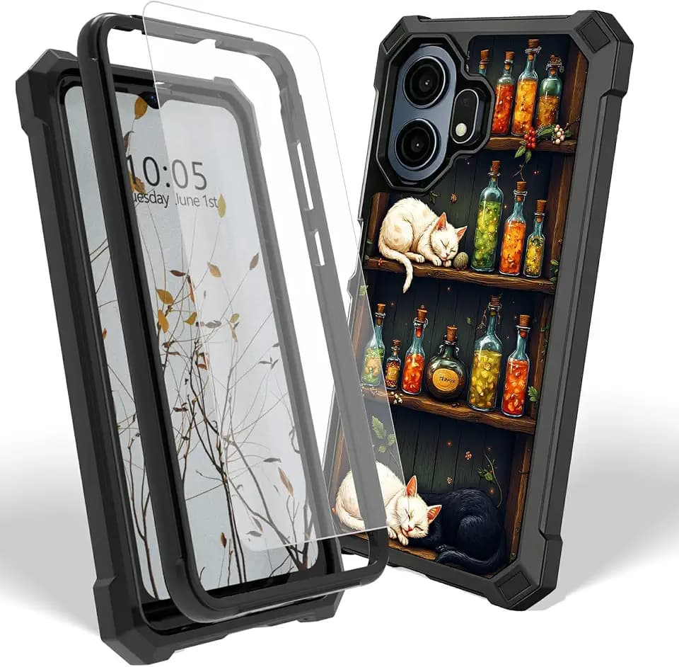 Case for TCL NxtPaper 70 Pro 5G with Screen Protector, Heavy Duty Dual Layer Hard PC & Silicone Shockproof Protective Phone Cover for Women Men, Cat Book Bottle