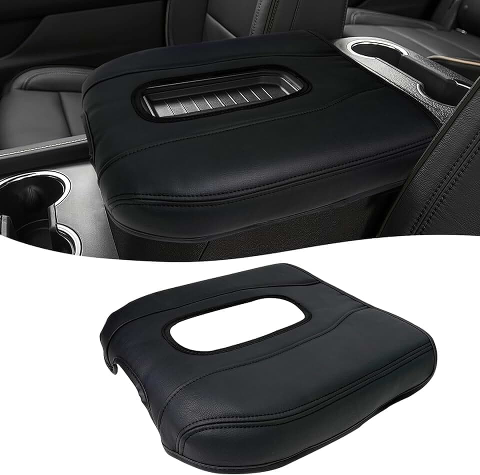 Center Console Armrest Cover Compatible with Chevy Silverado GMC Sierra 2019-2026, Tahoe Yukon Suburban 2021-2026, Scratch Resistant Vinyl Leather, Black (Black)