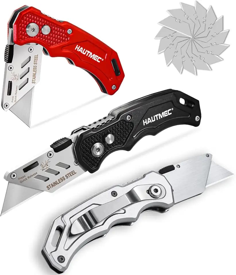 HAUTMEC 3-Pack Folding Utility Knife, Heavy-Duty Aluminum Box Cutter with Quick-Change Blades & Lock-Back Safety Design, Ergonomic Streamlined Grip Includes 15 Extra SK5 Blades, HT0429