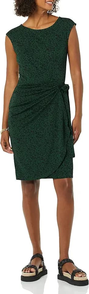Amazon Essentials Women's Cap Sleeve Boat-Neck Faux Wrap Pleated Matte Jersey Dress