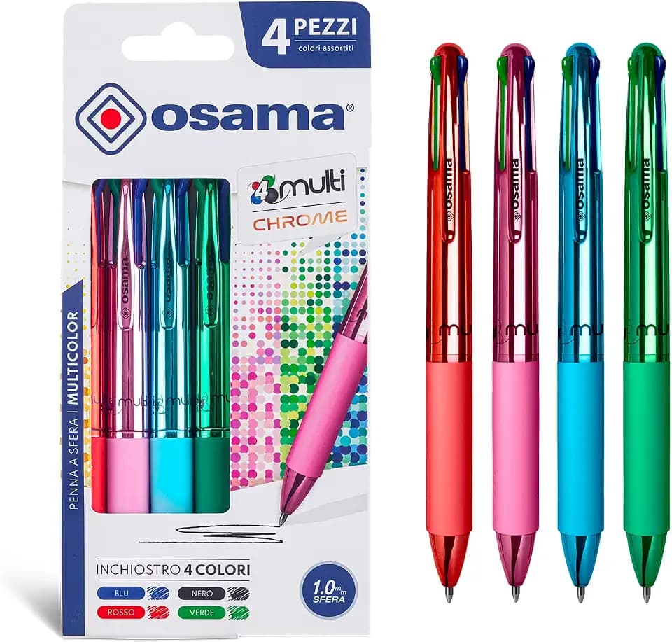 Osama 4 Multi – Set Druckkugelschreiber 4 Farben 4 Stück 4-Farben-Kugelschreiber 0,1 mm mit schwarzer, blauer, roter und grüner Tinte Ideal für Schreib- und Schulbedarf, Universität, Büro, Verchromter