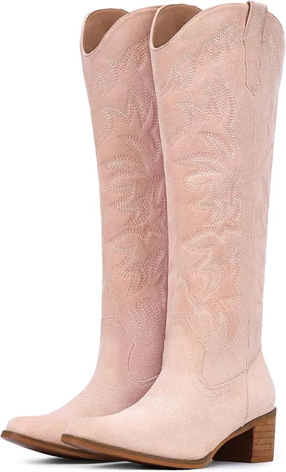 IUV Women's Cowboy Boots Knee High Western Snip Toe Side Zipper Chunky Heel