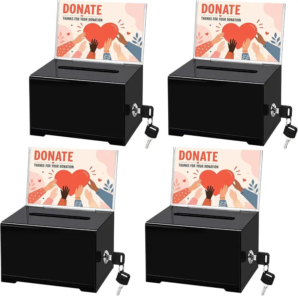 4 Pack Acrylic Donation Box with Lock and Sign Holder, Clear Ballot Suggestion Boxes with Slot, Raffle Box Tips Jar for Fundraising, Donation, Bar, School Voting, Size 6.2'' x 4.6'' x 4.0'', Black