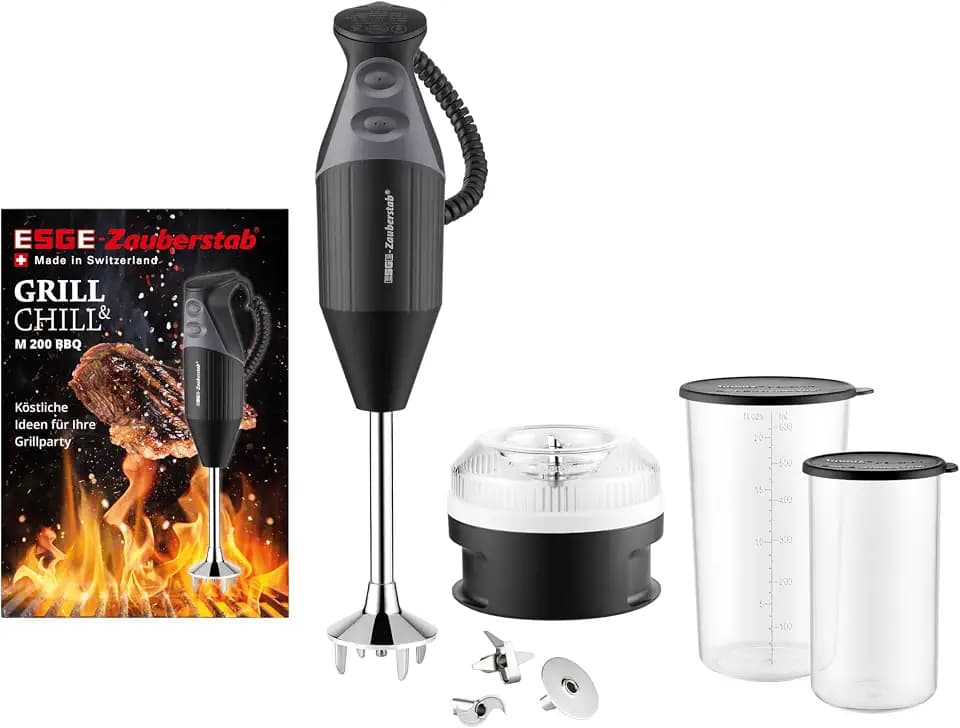 ESGE Zauberstab 98215 M 200 BBQ schwarz, Stabmixer, Pürierstab, 2 Stufen bis 17.000 U/Min, ergonomischer Griff, langlebiger, robuster Motor, inkl. Zubehör, 200W, Made in Switzerland