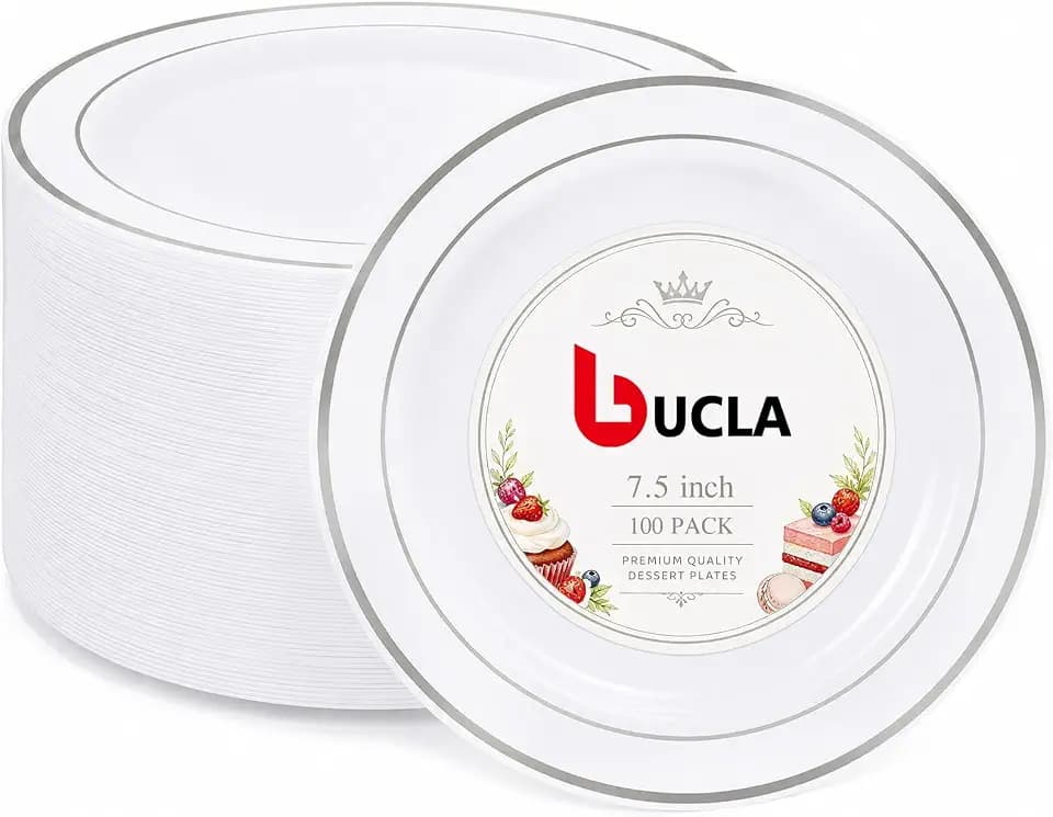 bUCLA 100Pieces Silver Rim Plastic Plates - 7.5inch Silver Salad/Dessert Plates Disposable - Ideal for Weddings, Parties & Christmas