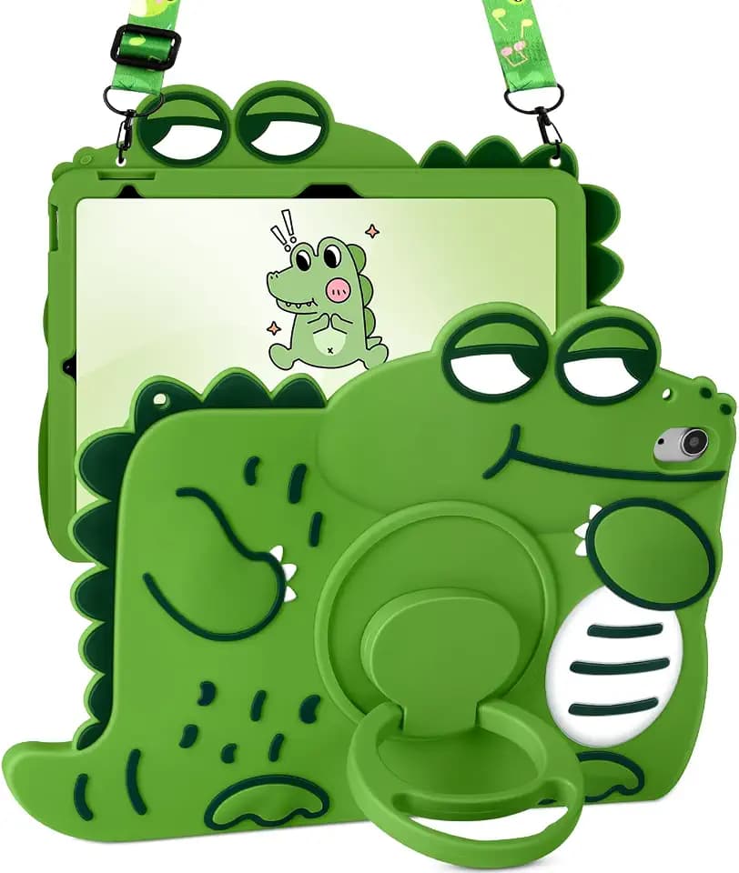 Wazzasoft for iPad 10th Generation Case 10.9 Inch Girls Cute Girls Boys Kawaii Cover Girly 3D Cartoon Women with Rotating Handle Stand & Strap Soft Silicon Green Funda for Apple iPad 10th Gen Cases