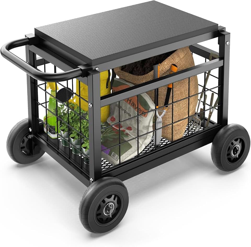 Garden Cart with Seat,3-in-1 Rolling Seat with Wheels for Gardening Seniors