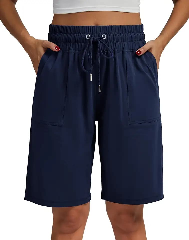 Women's Bermuda Shorts 10" Long High Waisted Comfy Jersey Knee Length Shorts with Pockets for Athletic Casual Wear