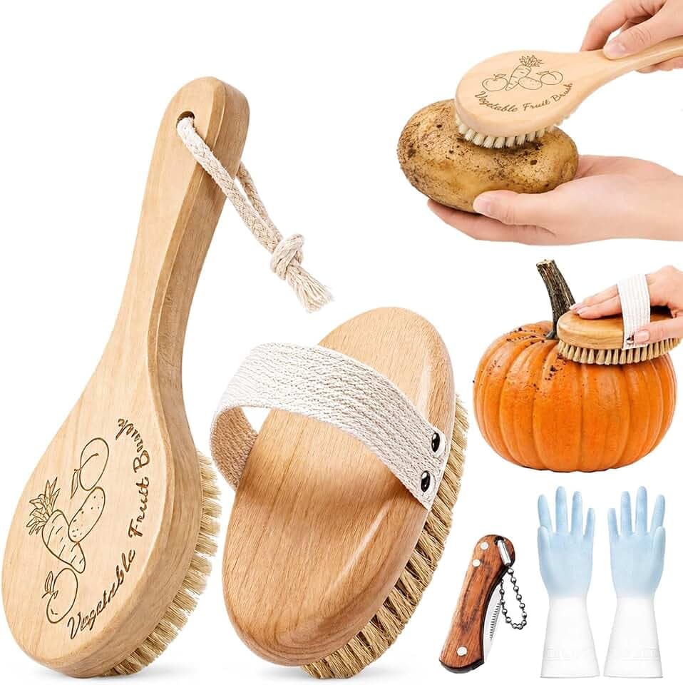 Wooden Vegetable Brush Set with Handle, Potato Scrubber for Fruits Veggies