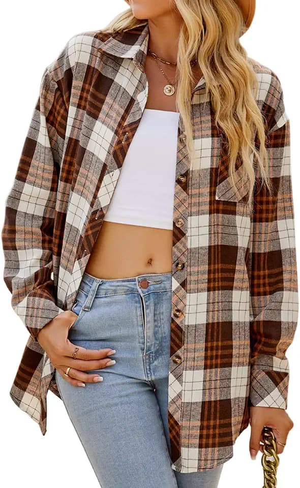 CHYRII Womens Button Down Flannel Shirts Long Sleeve Plaid Shackets Business Casual Blouse Top