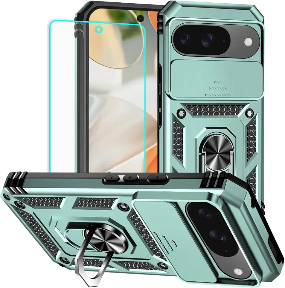 HNHYGETE for Pixel 9/9 Pro Case with Screen Protector: [Military Grade 20ft. Drop Tested] Slide Camera Cover Ring Shockproof Protective Phone Case for - Google Pixel 9/9 Pro (Dark Green)