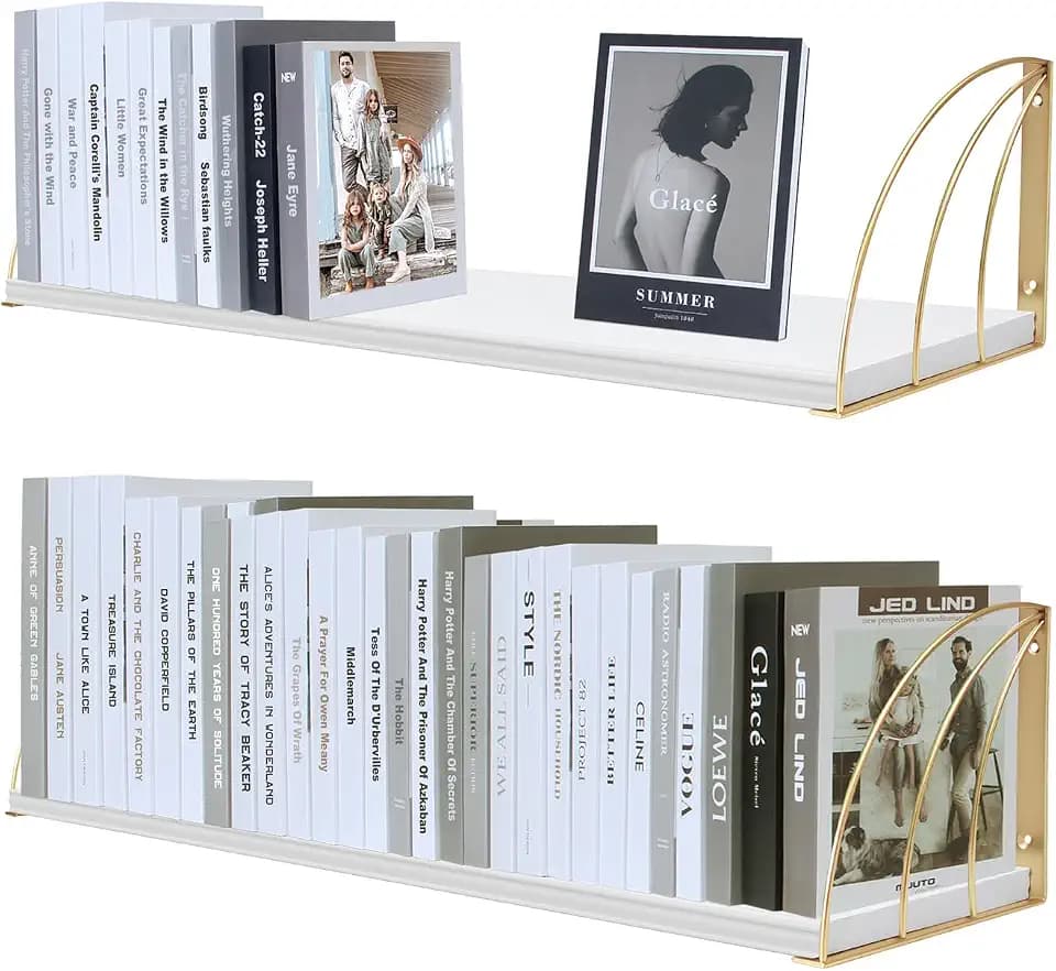 Gold White Shelves Pine Wood 23.5×7.87 Inch Book Shelf for Wall with Elegant Lines,Gold Floating Shelves,Floating Shelves for Wall,White Floating Bookshelf Set of 2.