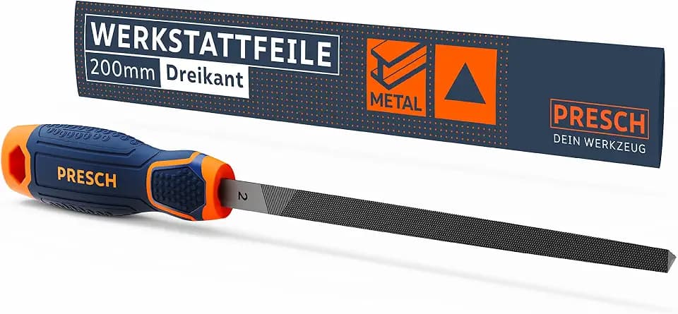 Presch Werkstattfeile Dreikant 200mm mit Kreuzhieb H2 - Spitz zulaufende Dreikantfeile für Metall und Holz zum feilen winkliger Profile - Hochwertige Dreikant-Metallfeile