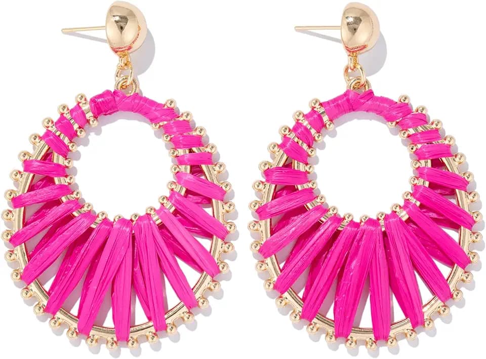 Gold Raffia Dangle Drop Earrings Boho Statement Summer Beach Fun Jewelry
