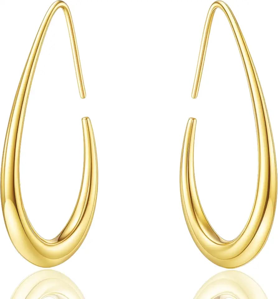 Delicate Teardrop Hoop Earrings for Women - 18k Gold Plated Large Oval Pull-Through Hoops, High Polished Statement Jewelry Gift