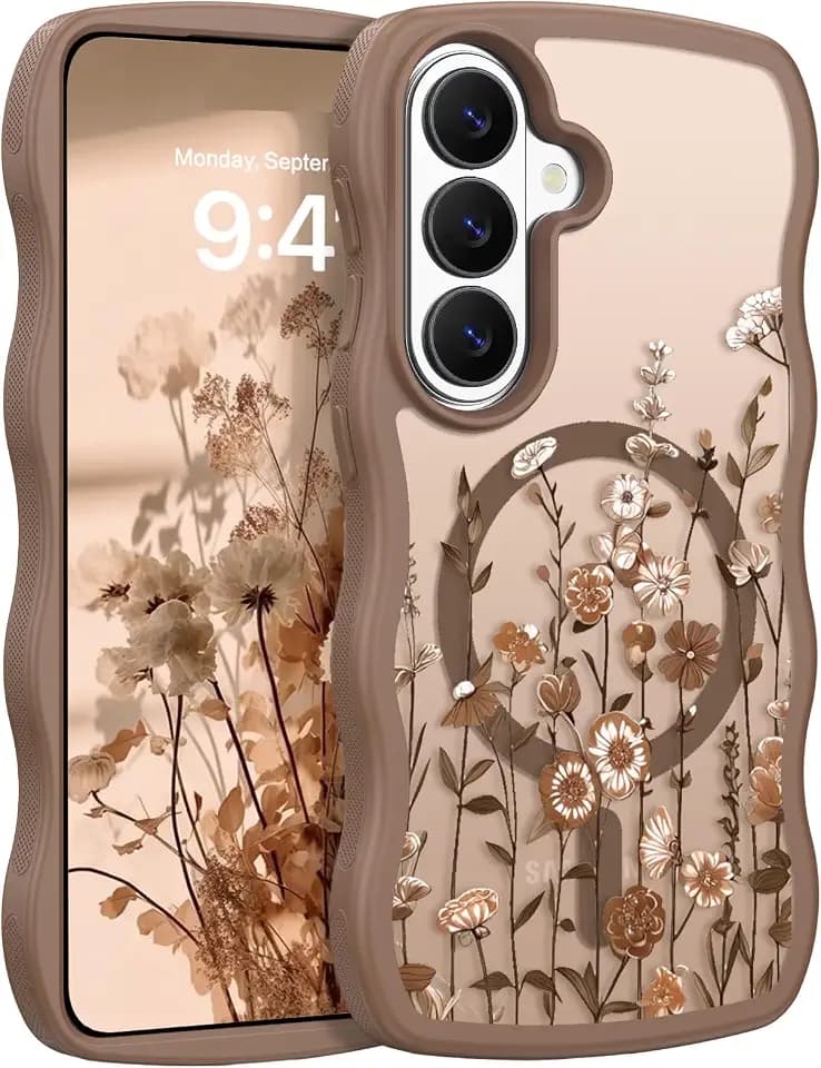 GUAGUA for Samsung Galaxy S26 Case, Magnetic Cases Cute Flower Pattern Wavy Edge Full Camera Protection Anti-Slip Bumper Women Girls Boys Slim Protective Phone Case for Samsung Galaxy S26 6.3'', Brown