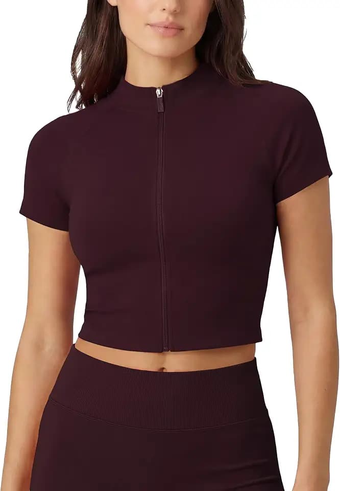 AUROLA Workout Tops for Women, Short Sleeve Gym Shirts Seamless Slim Fit Zip Up Yoga Jacket Crop Top