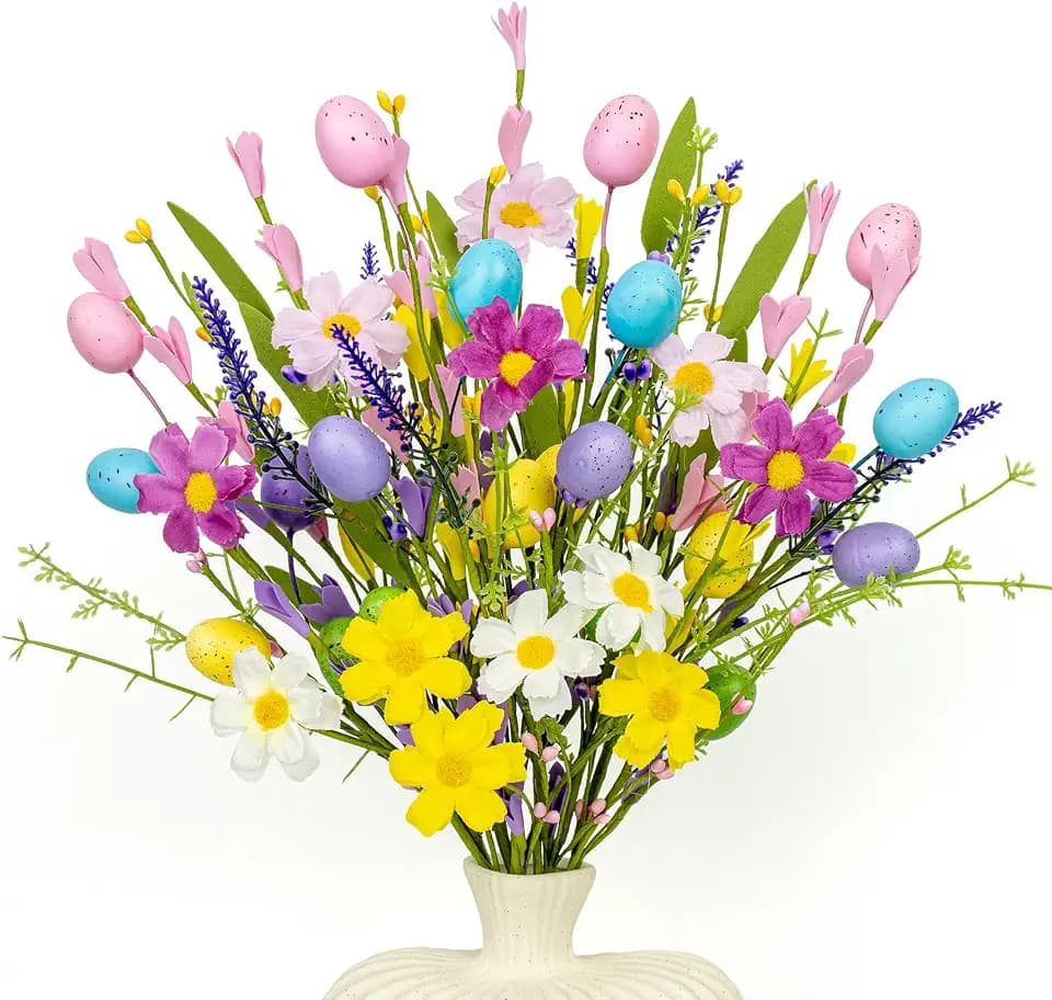 Artificial Easter Flowers 10 Pack Easter Floral Picks 17 Inch Egg Stems with Colorful Daisies and Forsythia for Spring Summer Flower Arrangements Centerpieces