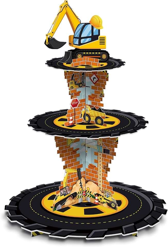 Tiamon Construction Birthday Cupcake Stand Holder Party Decoration, 3 Tier