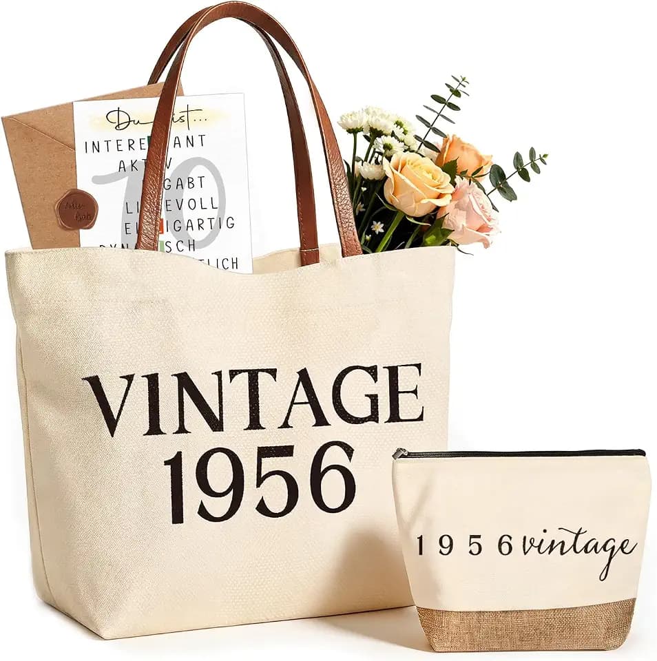 Giftota Geschenk Frau 70 Geburtstag, Vintage 1956 Geschenkset für Frauen, Canvas Tasche mit Ledergriffen & Kosmetiktasche, Back in 1956 Geburtstagsgeschenk