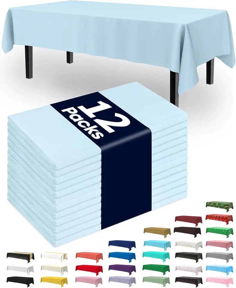 Pureegg Plastic Table Cloth Disposable 12 Pack, 54 x 108 Inch Table Cloths, Easter Party, Picnic, Wedding, Decorative Tablecloths, Rectangle, Baby Blue Plastic Cover, Leakproof & Sturdy, Light Blue