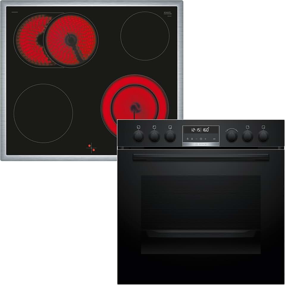 Bosch HND671LS62 Einbauherd-Set, Bestehend aus HEG578BB3 Herd, 60 x 60 cm, Made in Germany, Air Fry, 3D Heißluft, Hydrolyse und Pyrolyse Selbstreinigung, & NKN645GA2E Elektro-Kochfeld, Bräterzone