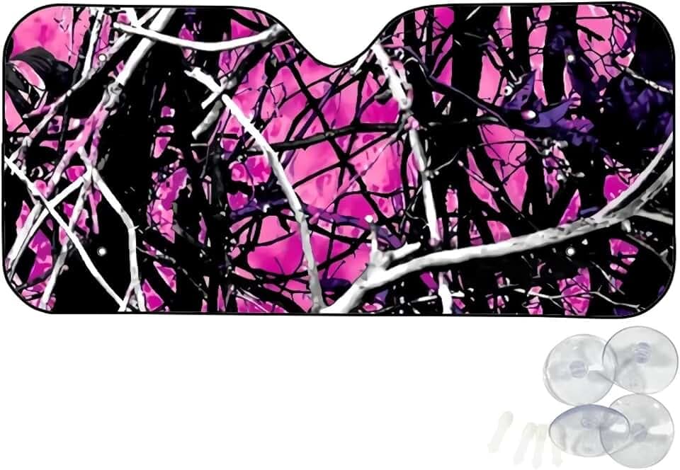 Suobstales Hunting Camo Print Car Sun Shade for Front Windshield, Fold Sunshade Sun Visor Protector, Auto Window Sunshade Universal Fit Cars SUV Truck, Pink