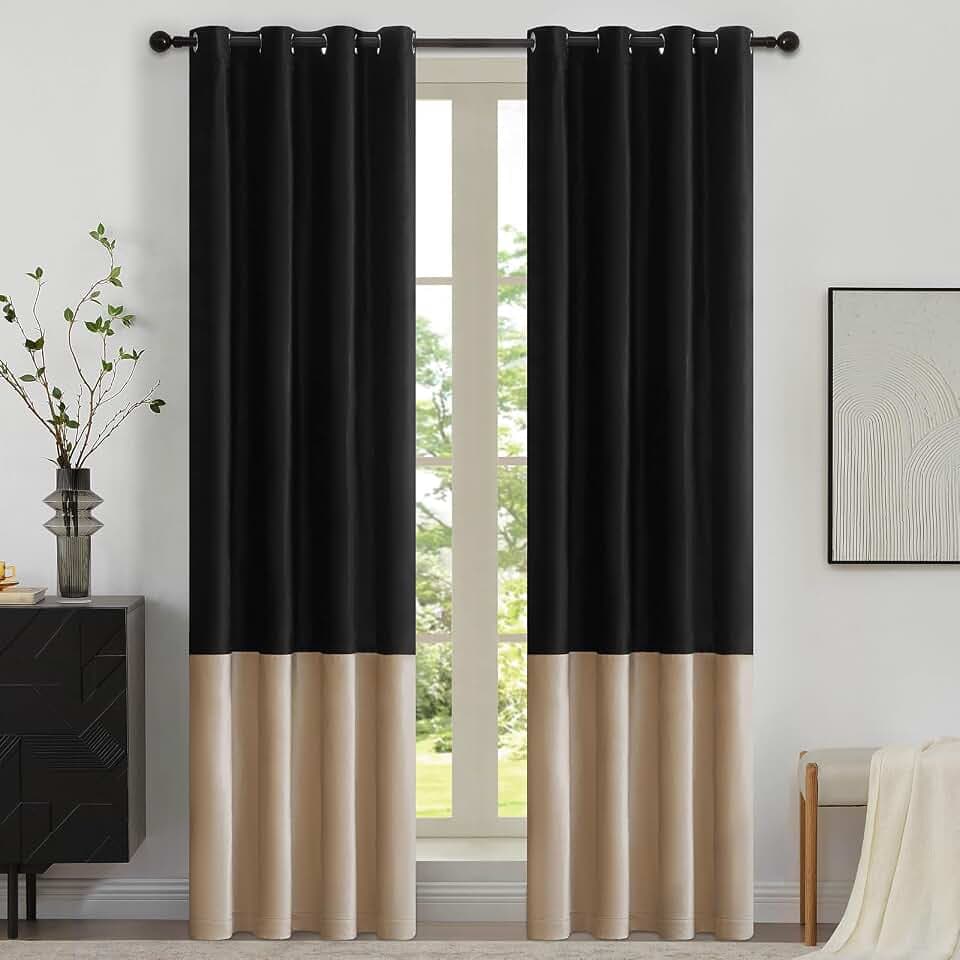 Black Beige Velvet Blackout Curtains Luxury Decor 90 inches,Color Block