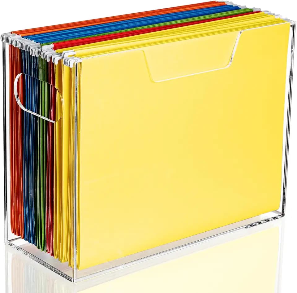 Acrylic Hanging File Folder Organizer Box, Clear File Storage Organizer Desktop Filing Box with Handles for Letter Size/A4, Portable Folder Holder for Office, Home, School