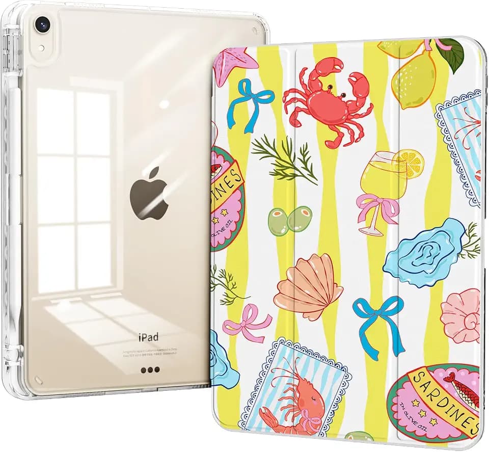 for iPad Air 11 Inch M4 (2026)/ M3 (2025)/ M2 (2024) Case, iPad Air 10.9" 5th/4th Generation Case 2022/2020 with Pencil Holder, Slim Trifold Stand Clear Back Cover, Beach Foods