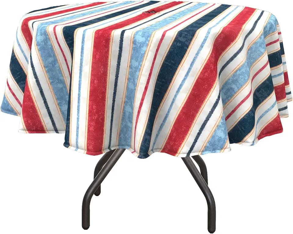 DYTXIII Outdoor Round Tablecloth with Umbrella Hole 60 Inch, Water Repellent & Fade Resistant Table Cover, All Weather Outdoor Tablecloth for Garden & Party Table, Stripe Red Blue