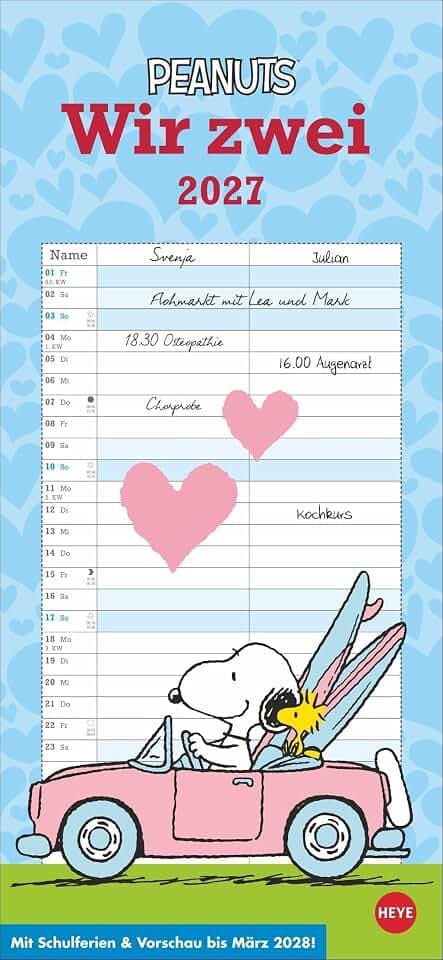 Peanuts Planer Wir zwei 2027: Wandplaner mit 2 Spalten. Kultiger Wandkalender 2027 zum Eintragen. Praktischer Paarkalender mit den bekannten Snoopy-Comics. 16 x 34,7 cm.