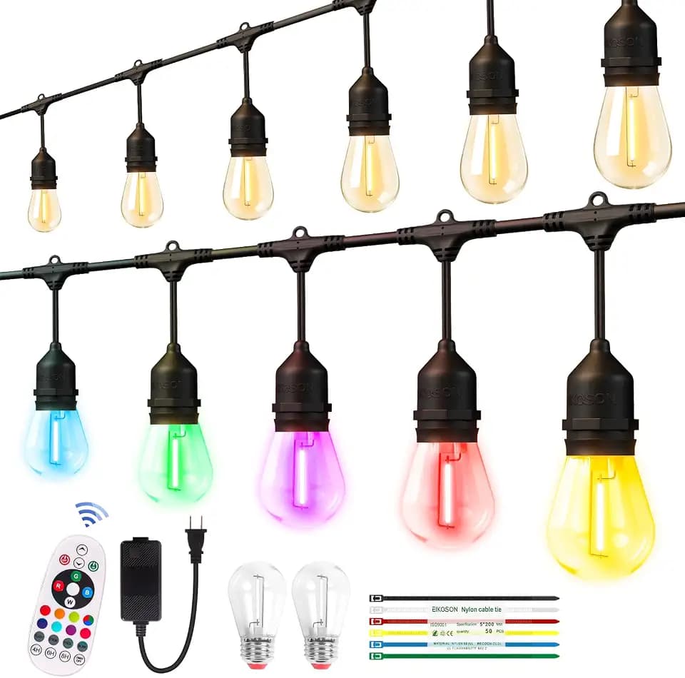 26FTOutdoor String Lights,12+2 LED RGBW Color Change,3000K Bright White | Heavy-duty commercial grade IP65 Waterproof, Dimmer & Remote, 12 Colors & 4 Modes, Outdoor Lights for Patio Backyard Decor