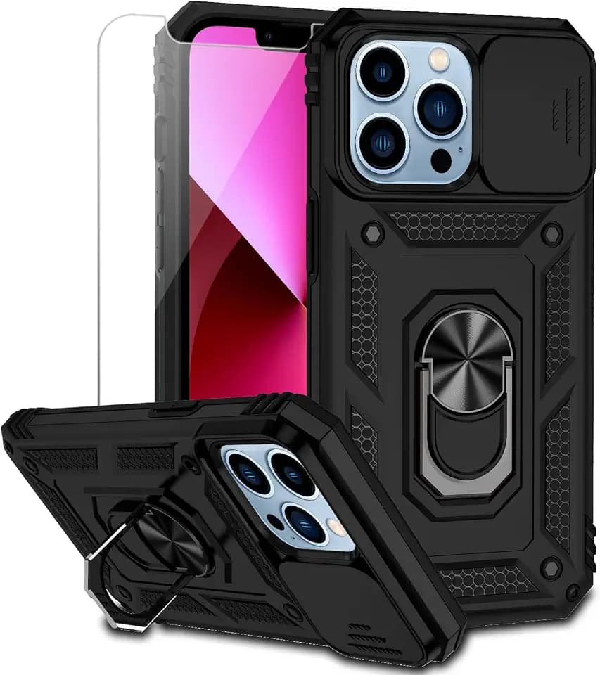 for iPhone 13 Pro Max Case with Camera Lens Cover HD Screen Protector, Military Grade Drop Protection Magnetic Ring Holder Kickstand Protective Phone Case for Apple iPhone 13 Pro Max 6.7 inch (Black)