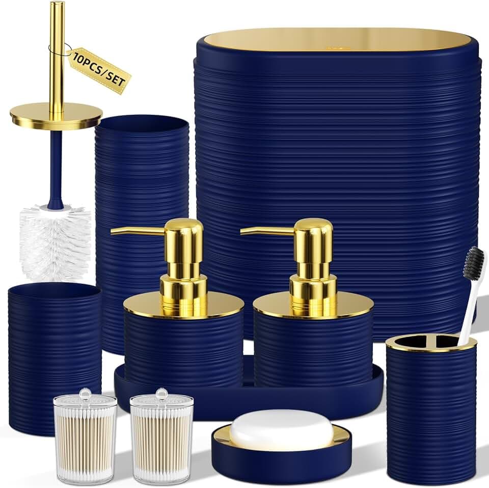 Bathroom Set, 10PC Bathroom Accessory Set, Blue Bathroom Accessories, Navy Blue and Gold Bathroom Set with Trash Can, Soap Dispensers