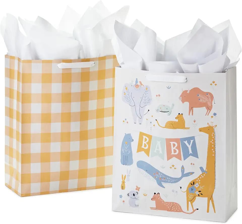 Hallmark XL Gift Bags with Tissue, 2-Pack (Baby Animals, Yellow Gingham)