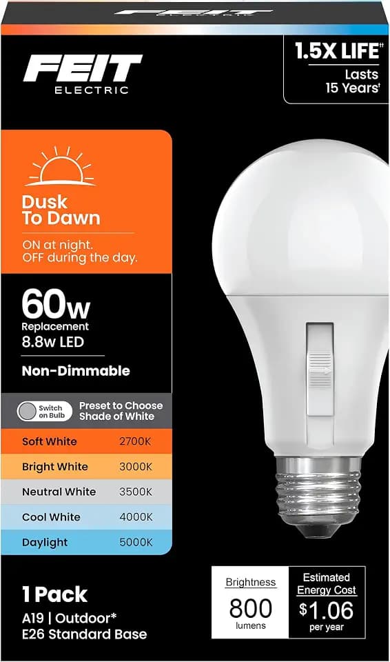 Feit Electric A19 LED Dusk-to-Dawn Light Bulb, 60W Eq, 5CCT, E26 Base