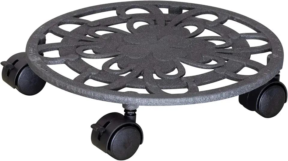 WAGNER Pflanzenroller GLÜCKSKLEEBLATT Ø 29 x 6,5 cm I Blumenroller für Außenbereich + Innenbereich I Kübelroller aus Gusseisen, schiefergrau mit 2 Feststellern I Tragkraft 50 kg - 20091801