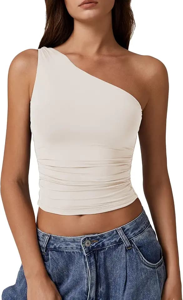 QINSEN Women's One Shoulder Tank Tops Double Lined Sleeveless Slim Fit Cropped Tee Shirt Y2k Tops