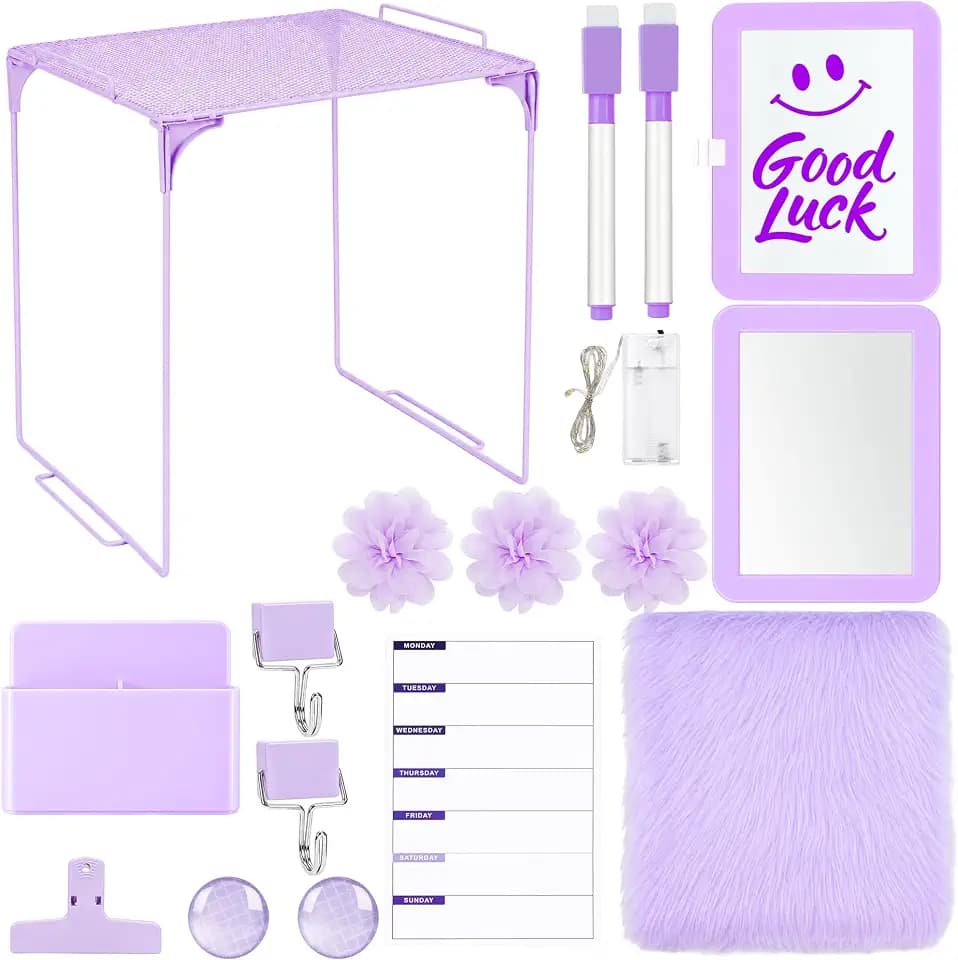 17 PCS Locker Accessories for Girls Locker Decoration Kit with Shelf Magnetic Mirror Whiteboard Pen Holder Rug Wallpaper Lights Lockers Organizer Set for School Dorm Gym Office (Purple)