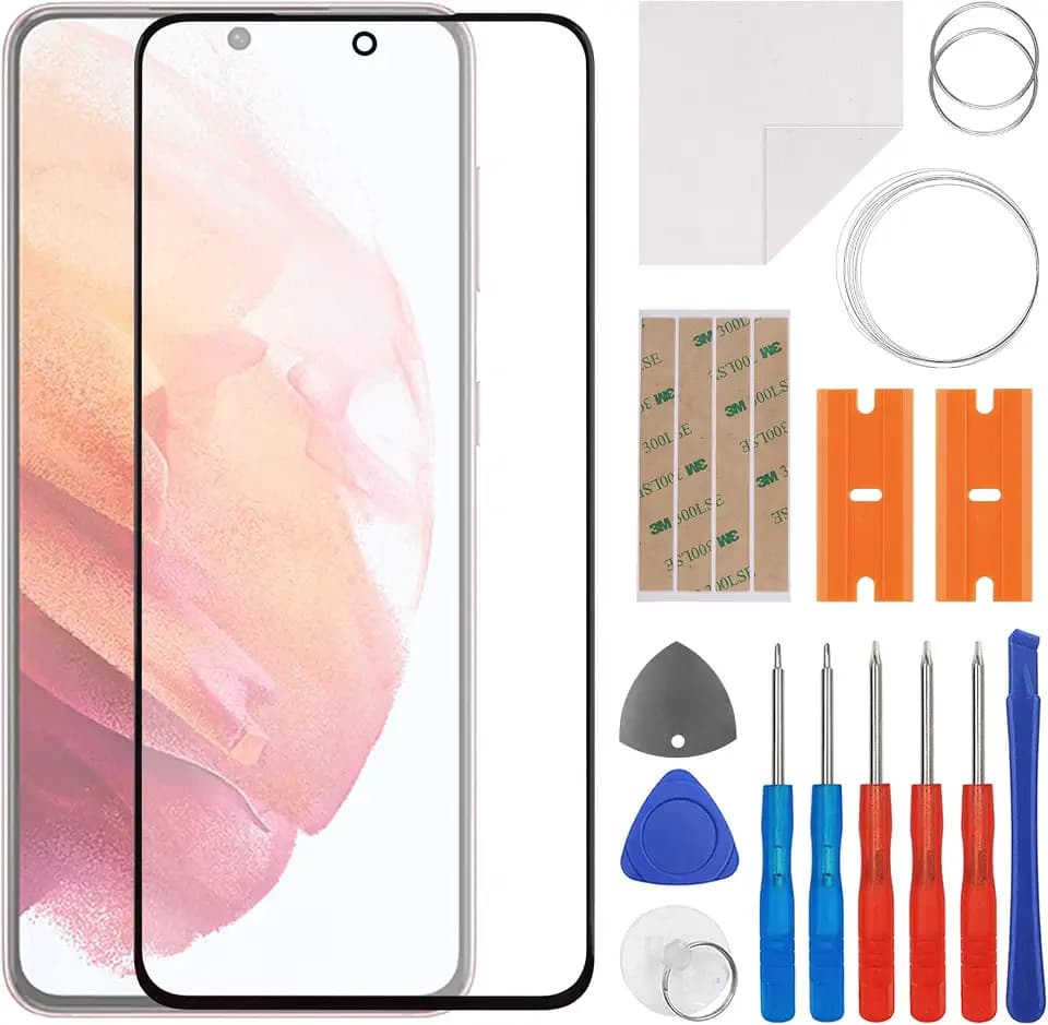 Front Screen Glass Outer Panel Lens Replacement +OCA Compatible with Samsung Galaxy S21 SM-G990 & S21 5G SM-G991(No LCD Screen and Touch Digitizer) with Repair Kit