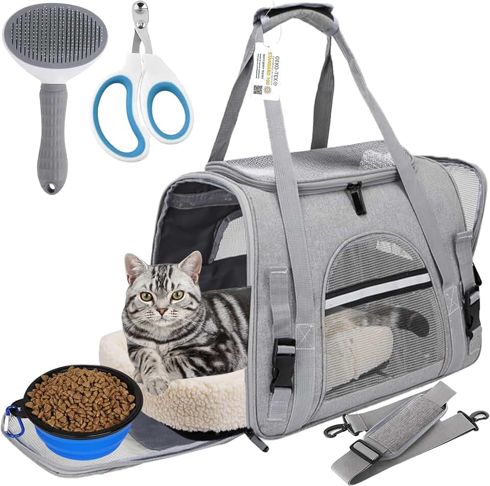 Pet Carrier Bag Airline Approved Up for Cats and Dogs Up to 20LBs, Soft Cat Carrier Dog Carrier Travel Kitten Carrier with Mat, Nail Clipper, Brush, Foldable Bowl Cat Accessories